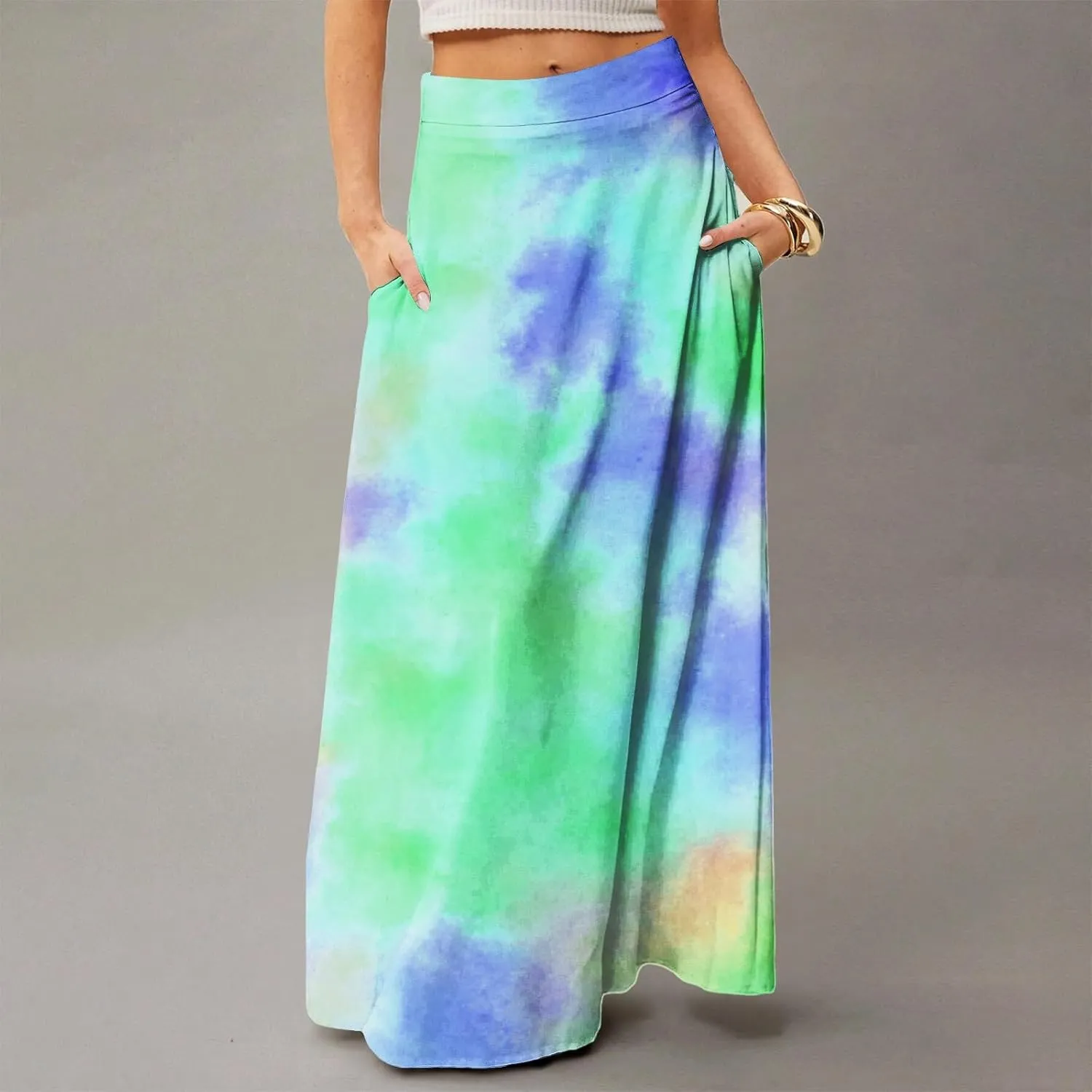 Women's Boho Dresses 2025 Floral Skirt Casual Elastic High Waist Maxi Skirts Flowy A Line Beach Long Skirt, S-2XL