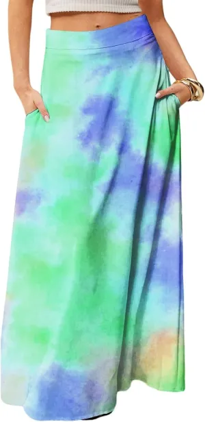 Women's Boho Dresses 2025 Floral Skirt Casual Elastic High Waist Maxi Skirts Flowy A Line Beach Long Skirt, S-2XL