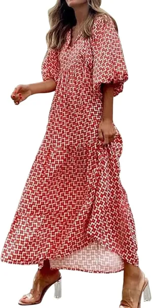 Womens Boho Maxi Dresses V Neck Puff Sleeve Smocked Ruffle Flowy Long Dress Casual Floral Swing Dresses Beach Dress