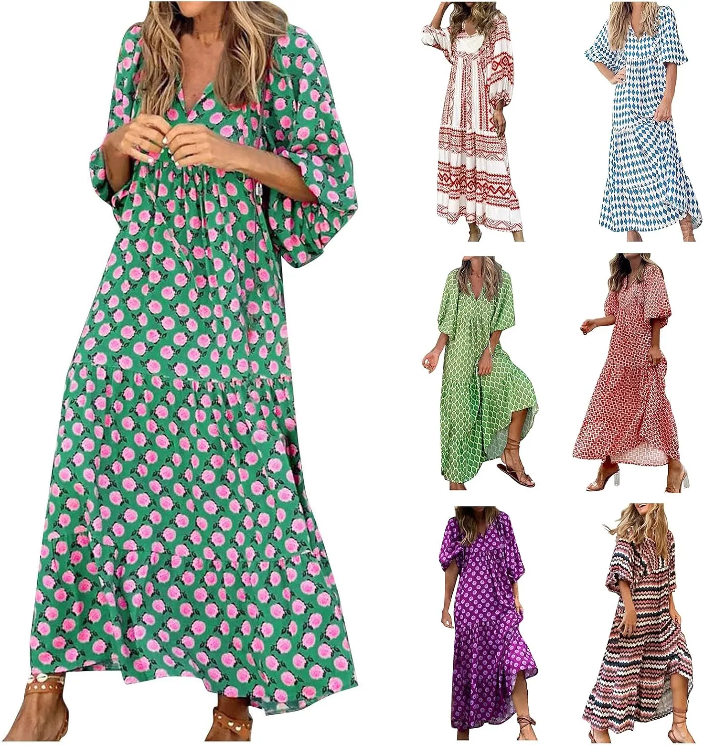 Womens Boho Maxi Dresses V Neck Puff Sleeve Smocked Ruffle Flowy Long Dress Casual Floral Swing Dresses Beach Dress