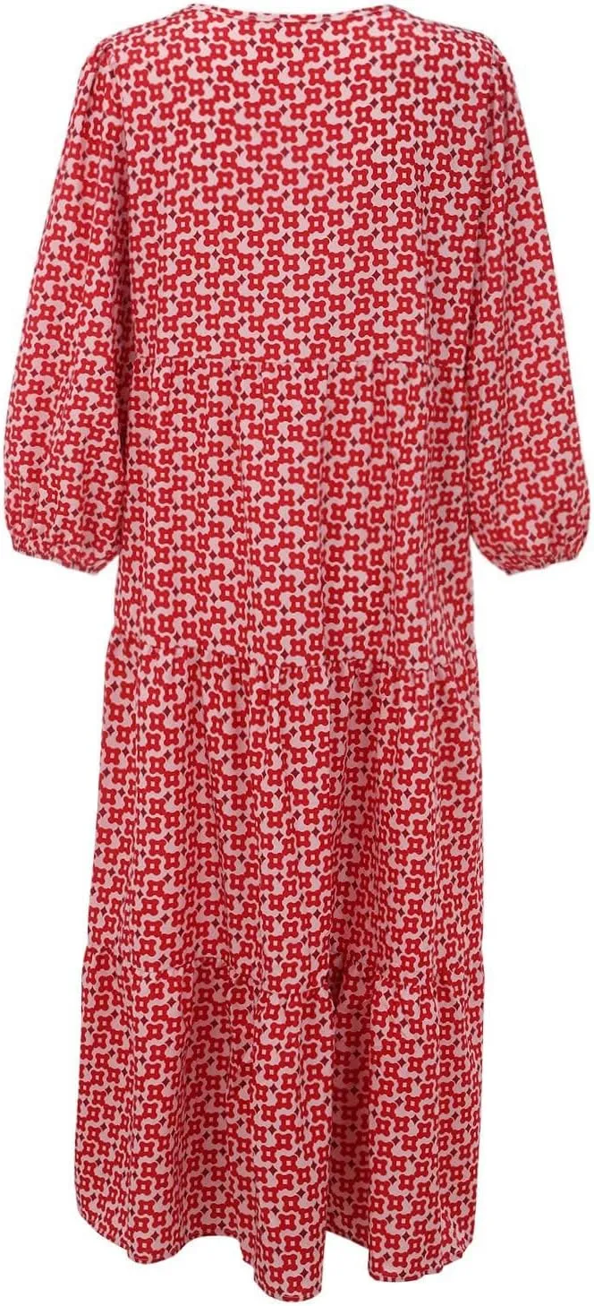 Womens Boho Maxi Dresses V Neck Puff Sleeve Smocked Ruffle Flowy Long Dress Casual Floral Swing Dresses Beach Dress