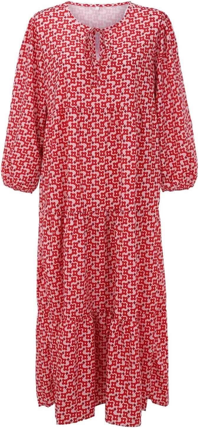 Womens Boho Maxi Dresses V Neck Puff Sleeve Smocked Ruffle Flowy Long Dress Casual Floral Swing Dresses Beach Dress