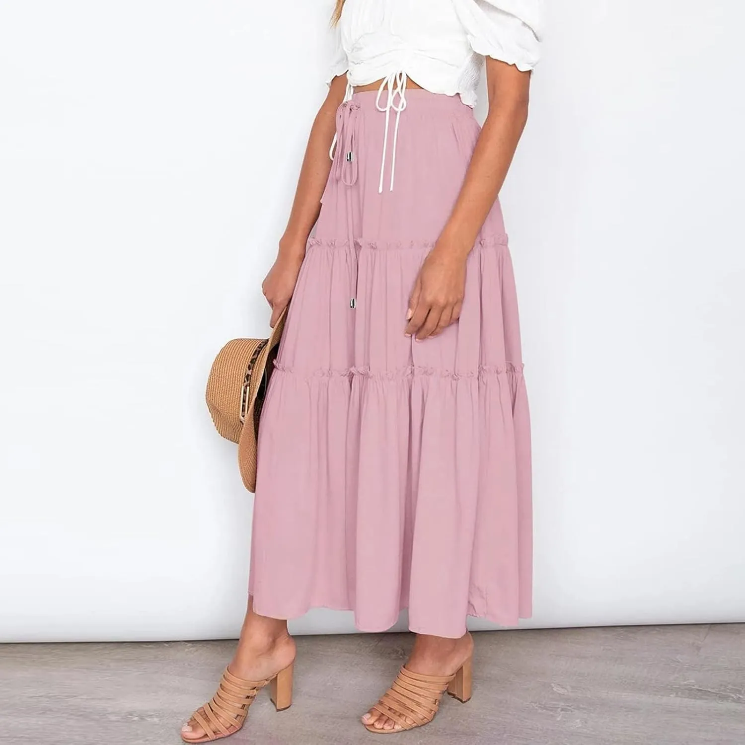 Women's Boho Maxi Skirts Summer Flowy Drawstring High Waisted Skirt Casual Solid Color Ruffle Hem A Line Long Skort