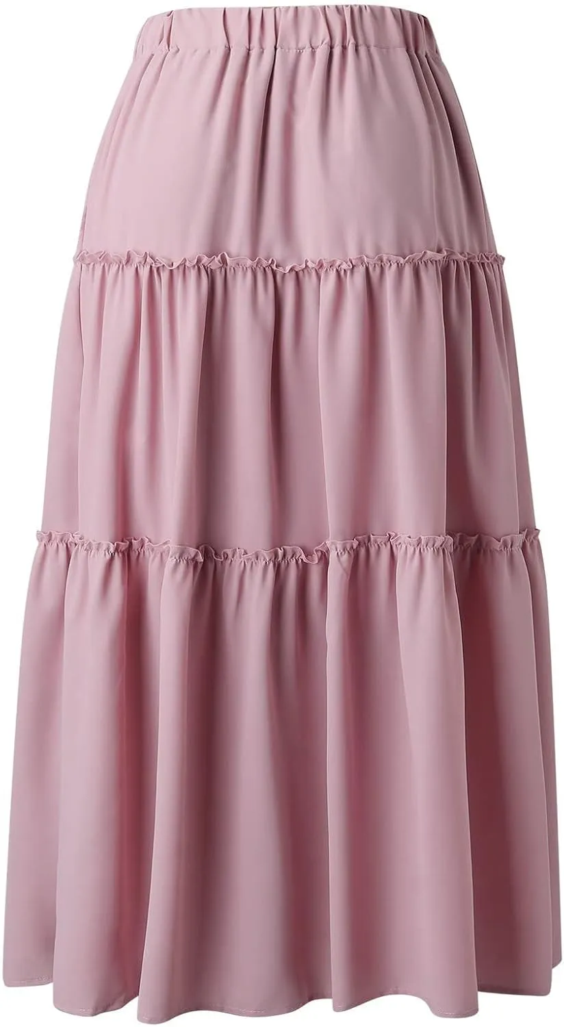 Women's Boho Maxi Skirts Summer Flowy Drawstring High Waisted Skirt Casual Solid Color Ruffle Hem A Line Long Skort