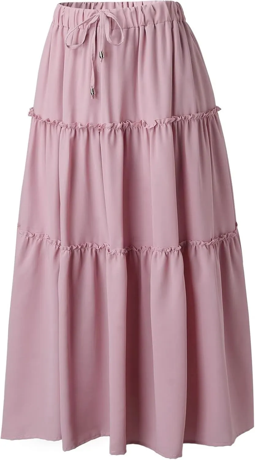 Women's Boho Maxi Skirts Summer Flowy Drawstring High Waisted Skirt Casual Solid Color Ruffle Hem A Line Long Skort