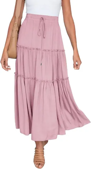 Women's Boho Maxi Skirts Summer Flowy Drawstring High Waisted Skirt Casual Solid Color Ruffle Hem A Line Long Skort