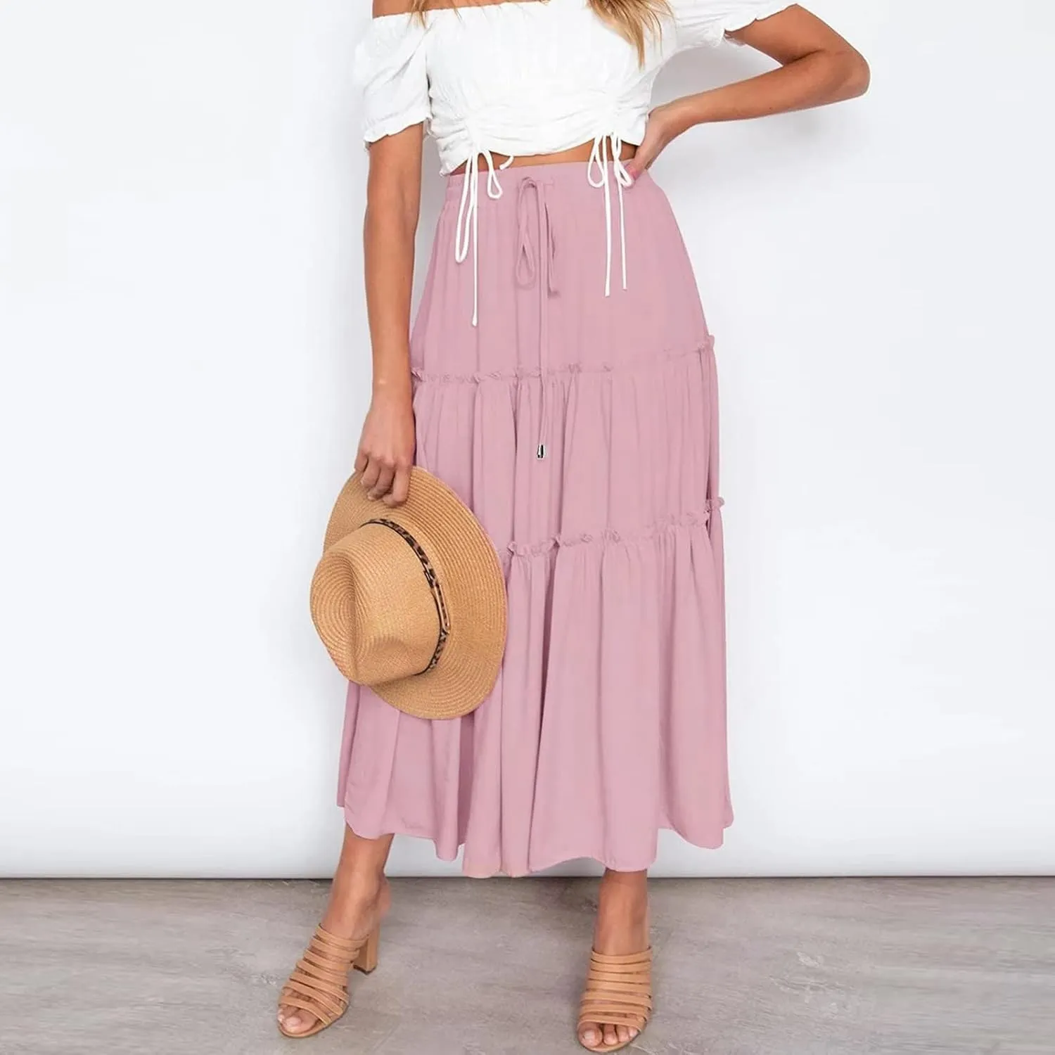 Women's Boho Maxi Skirts Summer Flowy Drawstring High Waisted Skirt Casual Solid Color Ruffle Hem A Line Long Skort