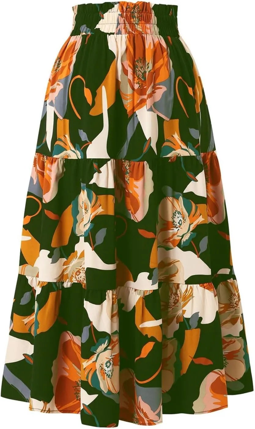 Womens Boho Maxi Skirts Summer Flowy Elastic High Waisted Drawstring Ruffle Hem Skort Casual Color Block Beach Skirt