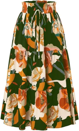 Womens Boho Maxi Skirts Summer Flowy Elastic High Waisted Drawstring Ruffle Hem Skort Casual Color Block Beach Skirt