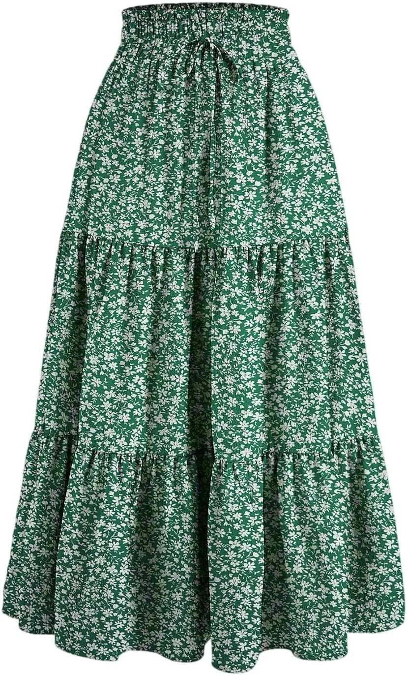 Womens Boho Skirt Cute Vacation Pleated Beach Smocked Business Trendy Peasant Elastic Waist Summer Skirts for Women