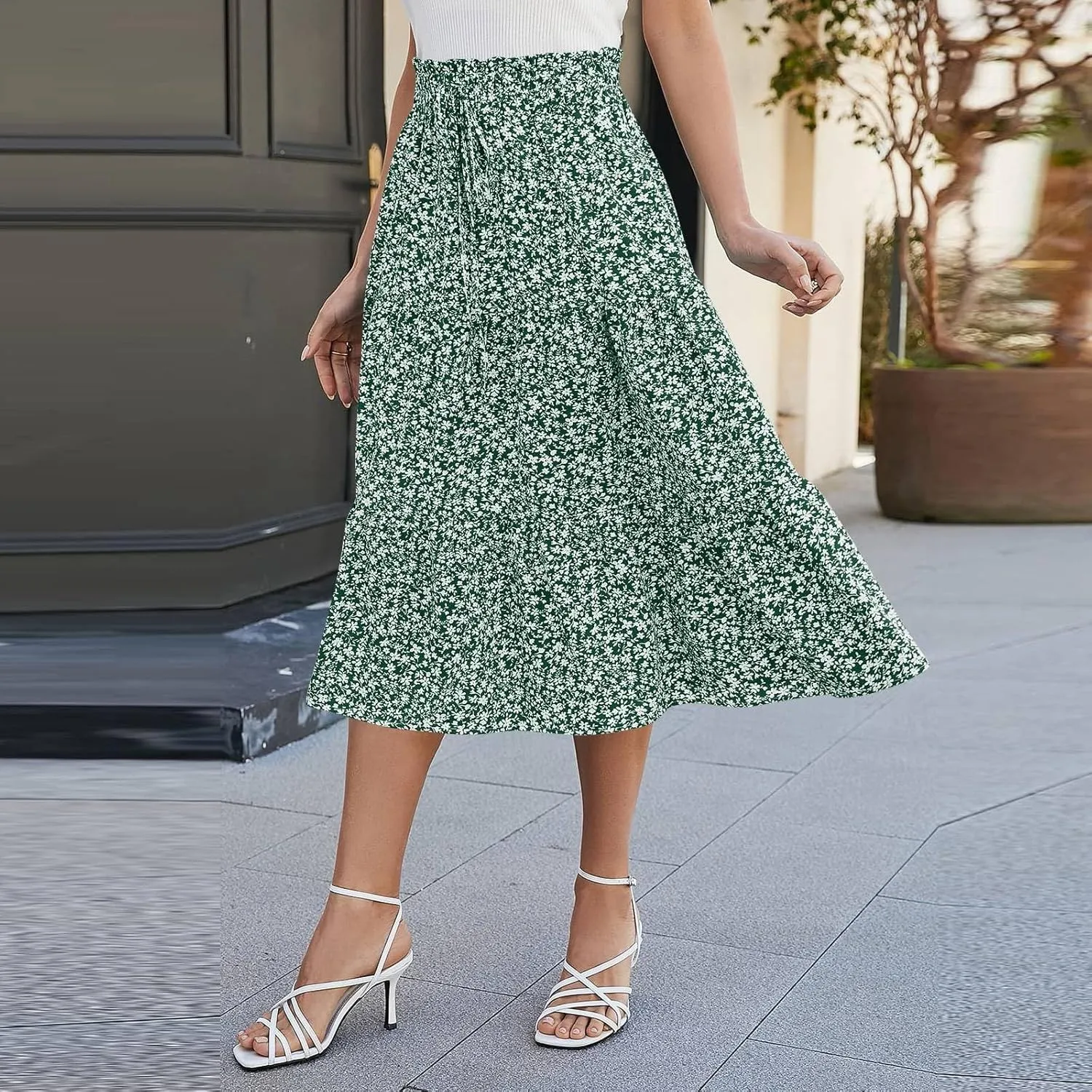 Womens Boho Skirt Cute Vacation Pleated Beach Smocked Business Trendy Peasant Elastic Waist Summer Skirts for Women