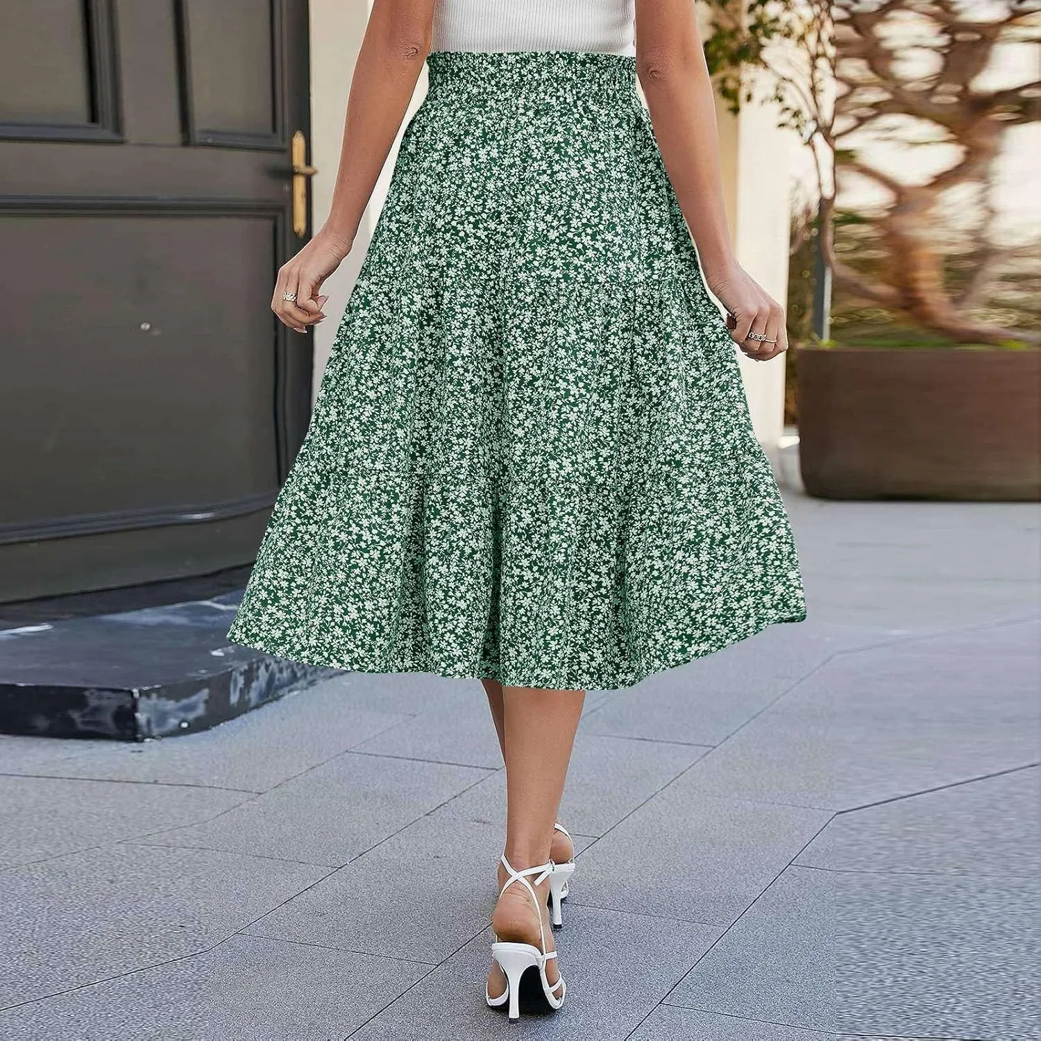 Womens Boho Skirt Cute Vacation Pleated Beach Smocked Business Trendy Peasant Elastic Waist Summer Skirts for Women