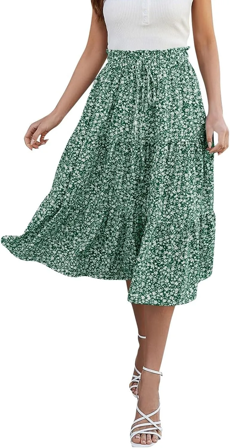 Womens Boho Skirt Cute Vacation Pleated Beach Smocked Business Trendy Peasant Elastic Waist Summer Skirts for Women