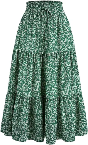 Womens Boho Skirt Cute Vacation Pleated Beach Smocked Business Trendy Peasant Elastic Waist Summer Skirts for Women