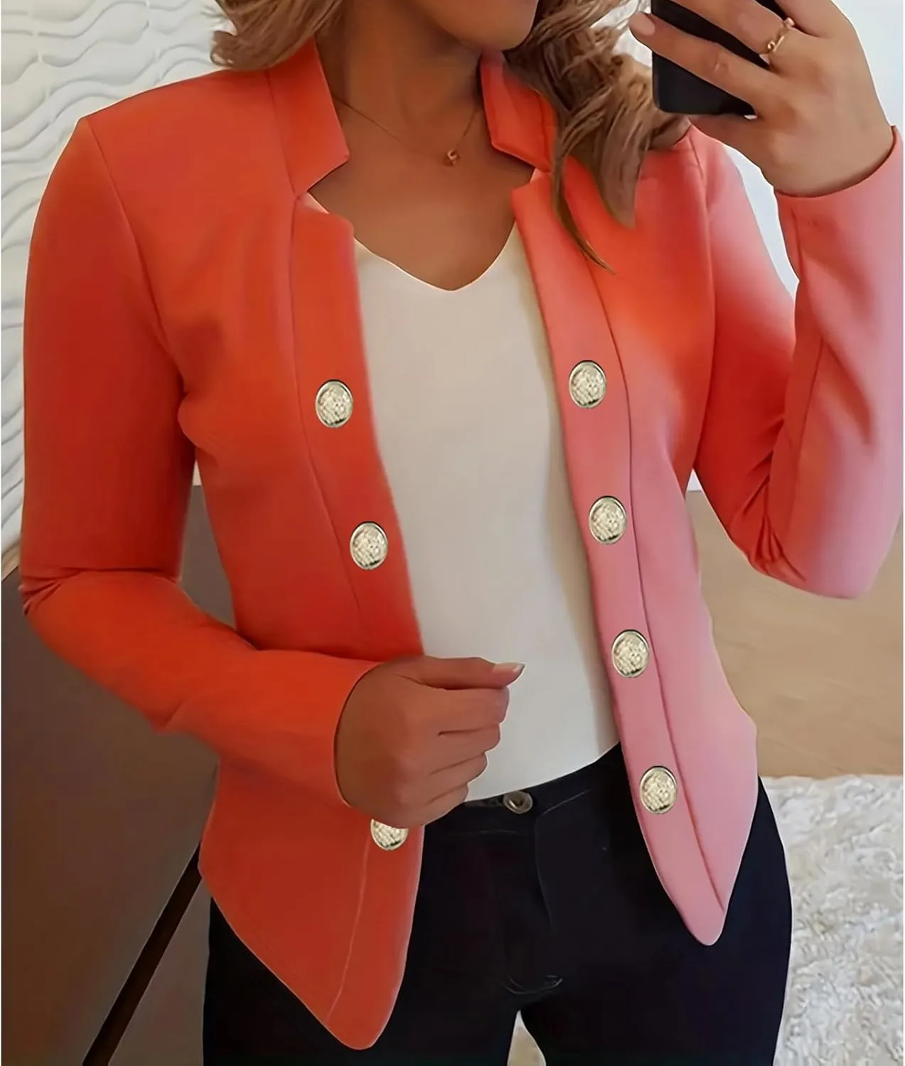 Women's Business Blazers Casual Long Sleeve Office Blazers Trendy Solid Color Gold Button Open Front Suit Jackets