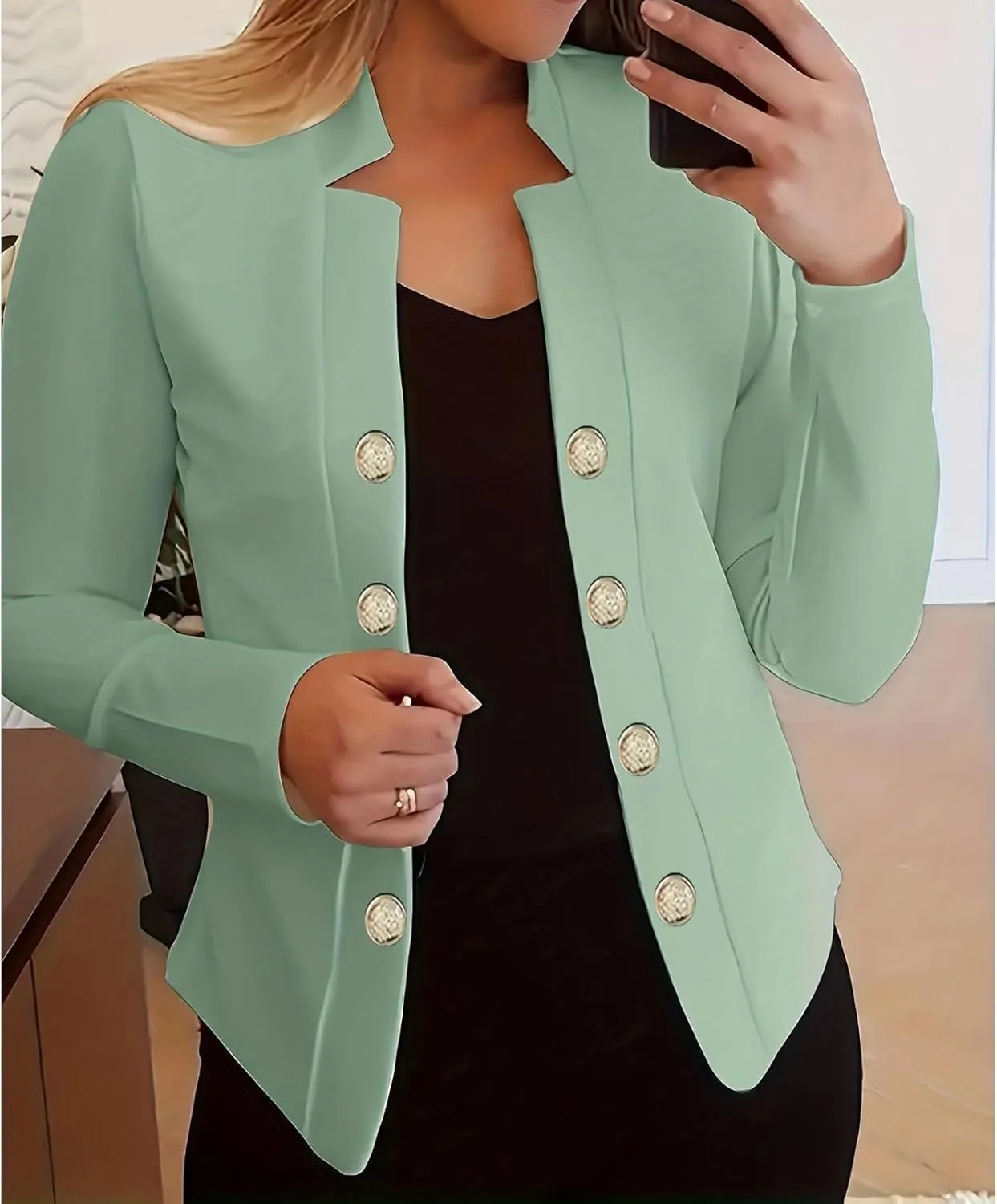 Women's Business Blazers Casual Long Sleeve Office Blazers Trendy Solid Color Gold Button Open Front Suit Jackets