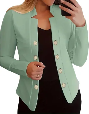 Women's Business Blazers Casual Long Sleeve Office Blazers Trendy Solid Color Gold Button Open Front Suit Jackets