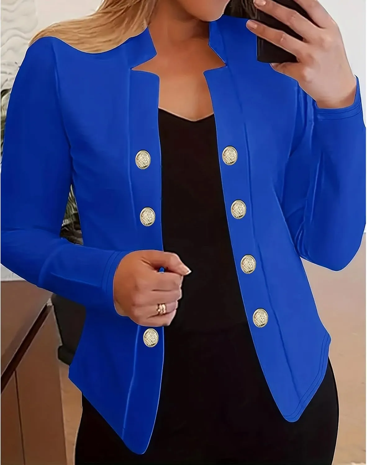 Women's Business Blazers Casual Long Sleeve Office Blazers Trendy Solid Color Gold Button Open Front Suit Jackets