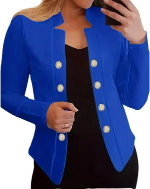 Women's Business Blazers Casual Long Sleeve Office Blazers Trendy Solid Color Gold Button Open Front Suit Jackets