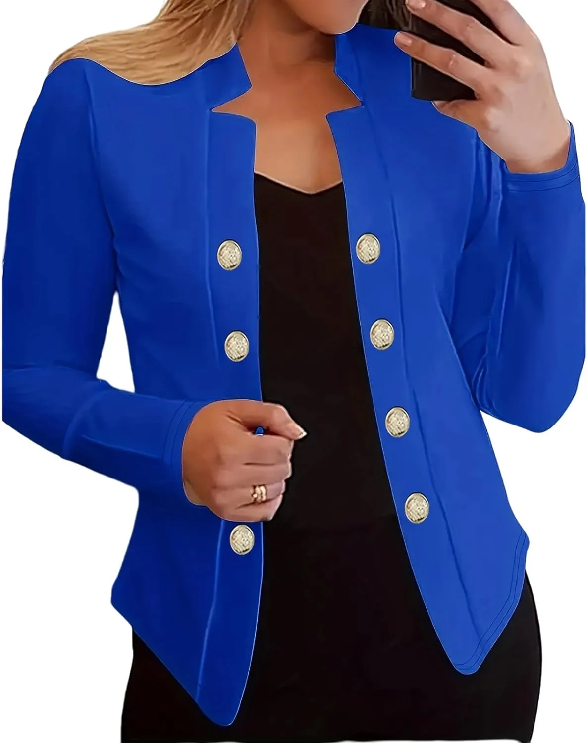 Women's Business Blazers Casual Long Sleeve Office Blazers Trendy Solid Color Gold Button Open Front Suit Jackets