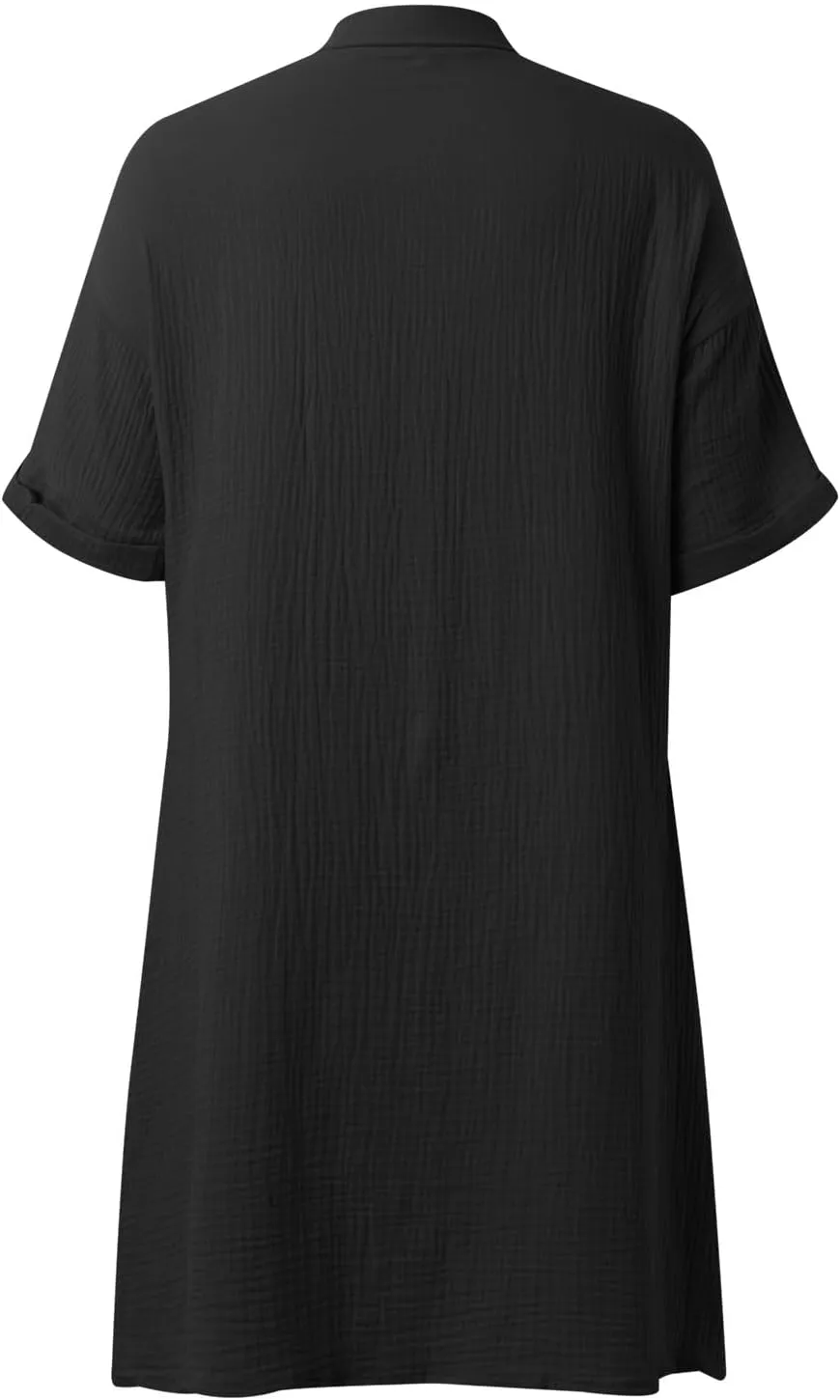 Womens Button Down Shirt Dress Summer Casual Short Sleeve Shirt Dress Beach Cover Up Loose Tunic Dresses with Pockets
