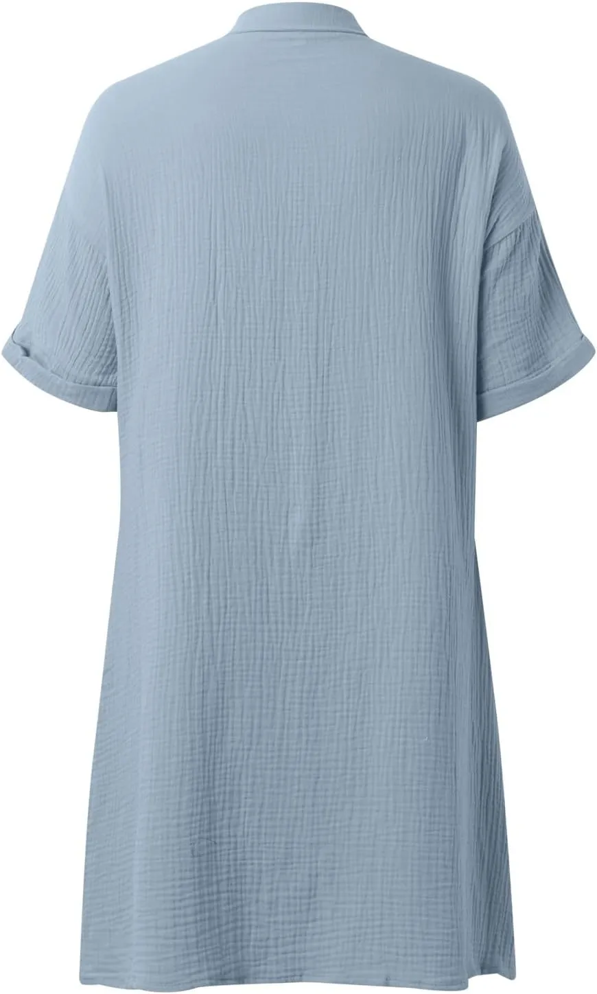 Womens Button Down Shirt Dress Summer Casual Short Sleeve Shirt Dress Beach Cover Up Loose Tunic Dresses with Pockets