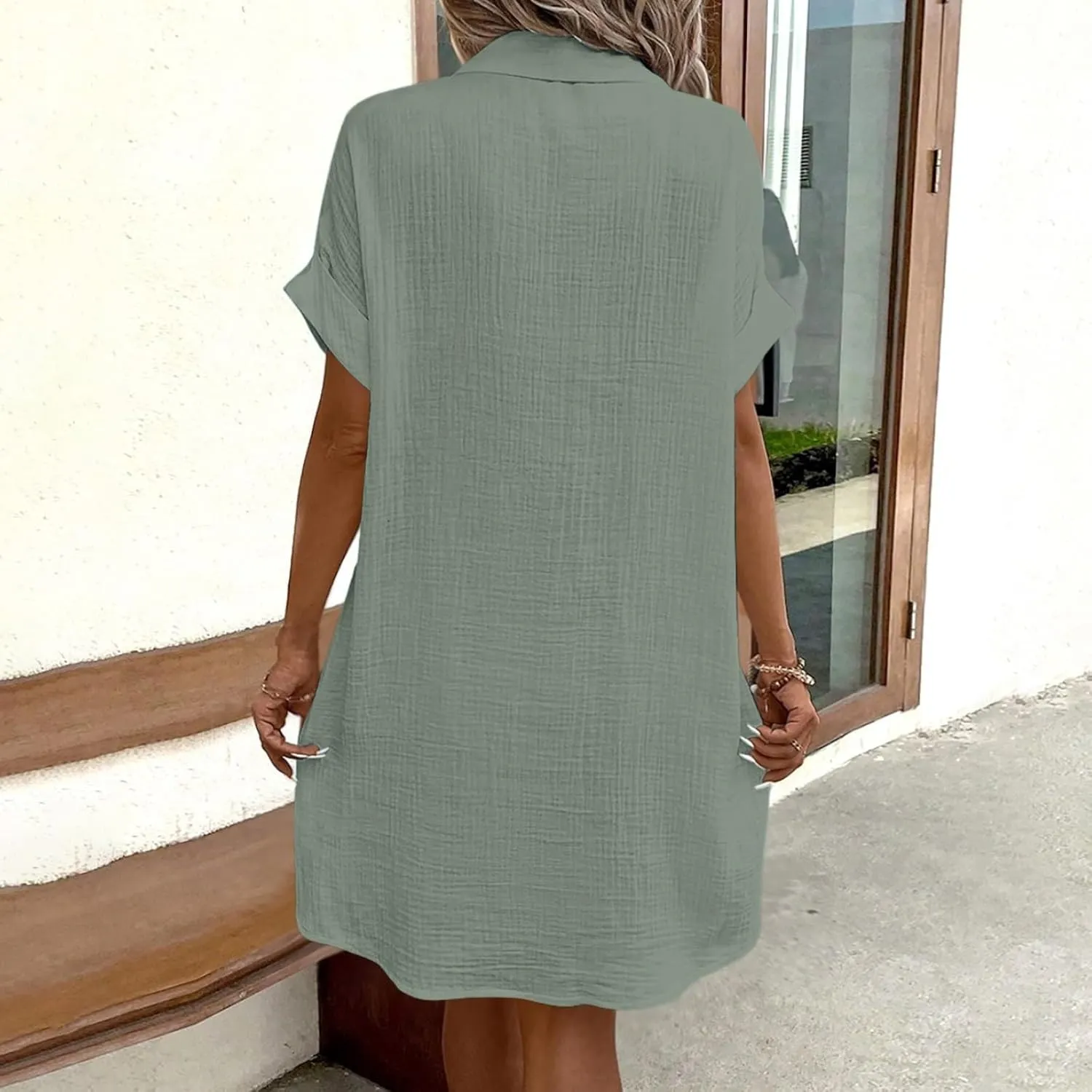 Womens Button Down Shirt Dress Summer Casual Short Sleeve Shirt Dress Beach Cover Up Loose Tunic Dresses with Pockets