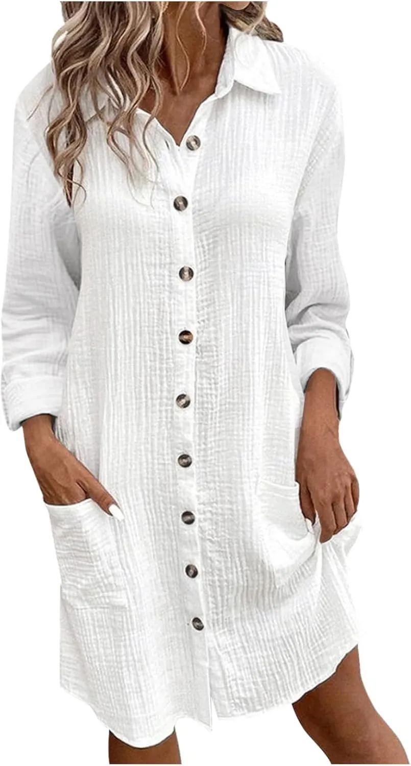 Womens Button Down Shirt Dress Summer Casual Short Sleeve Shirt Dress Beach Cover Up Loose Tunic Dresses with Pockets