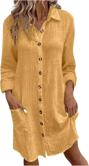 Womens Button Down Shirt Dress Summer Casual Short Sleeve Shirt Dress Beach Cover Up Loose Tunic Dresses with Pockets