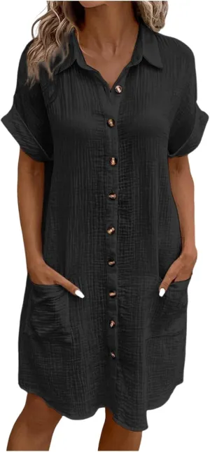 Womens Button Down Shirt Dress Summer Casual Short Sleeve Shirt Dress Beach Cover Up Loose Tunic Dresses with Pockets