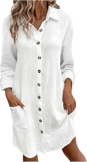 Womens Button Down Shirt Dress Summer Casual Short Sleeve Shirt Dress Beach Cover Up Loose Tunic Dresses with Pockets