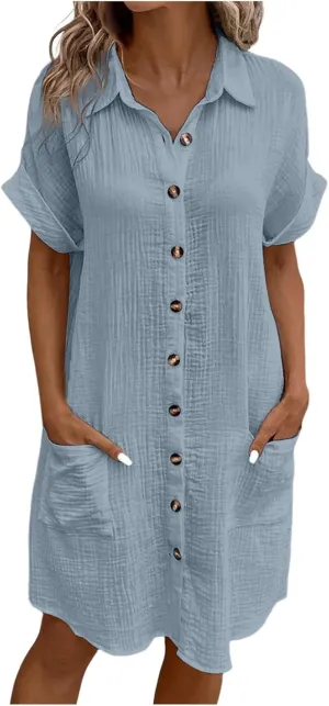 Womens Button Down Shirt Dress Summer Casual Short Sleeve Shirt Dress Beach Cover Up Loose Tunic Dresses with Pockets