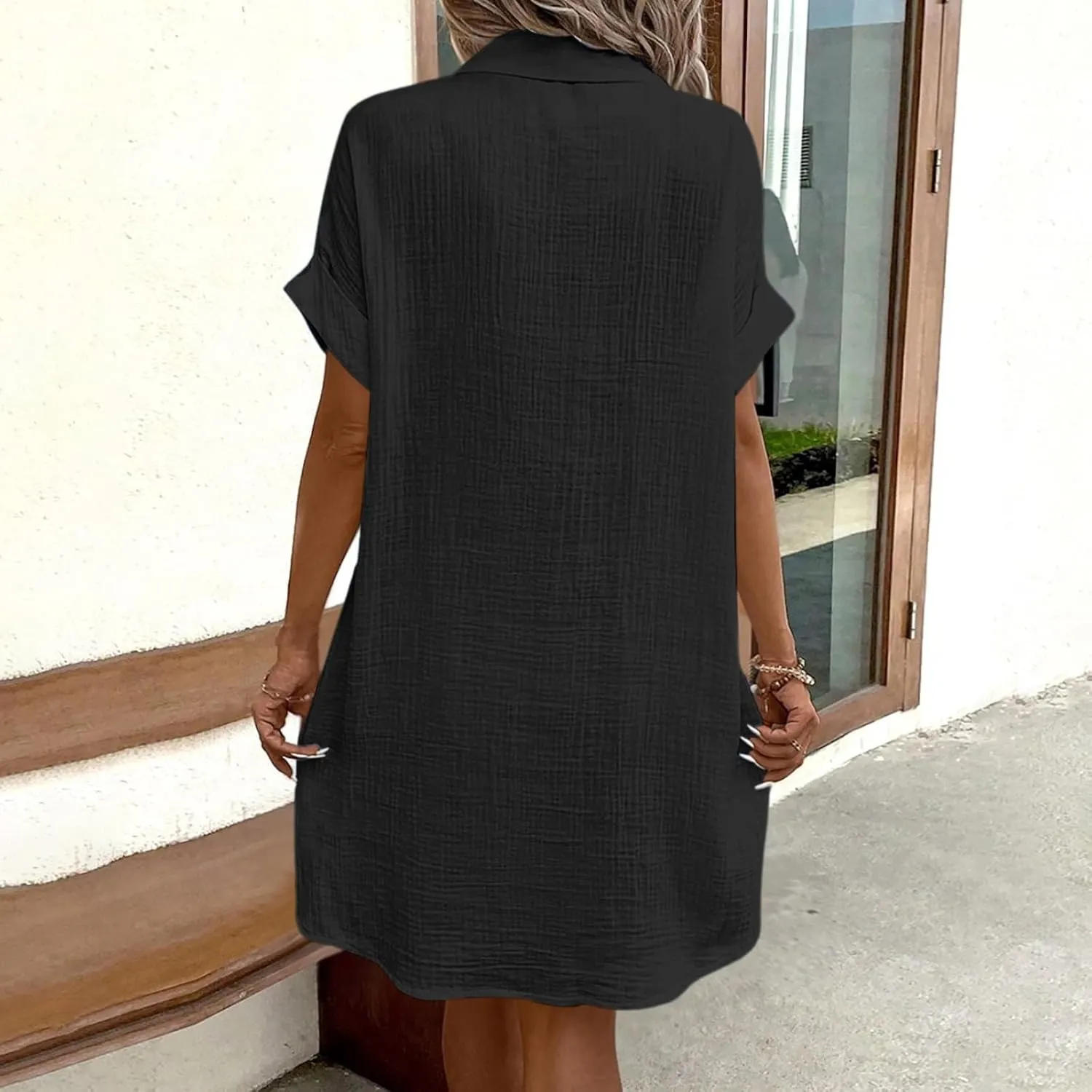 Womens Button Down Shirt Dress Summer Casual Short Sleeve Shirt Dress Beach Cover Up Loose Tunic Dresses with Pockets