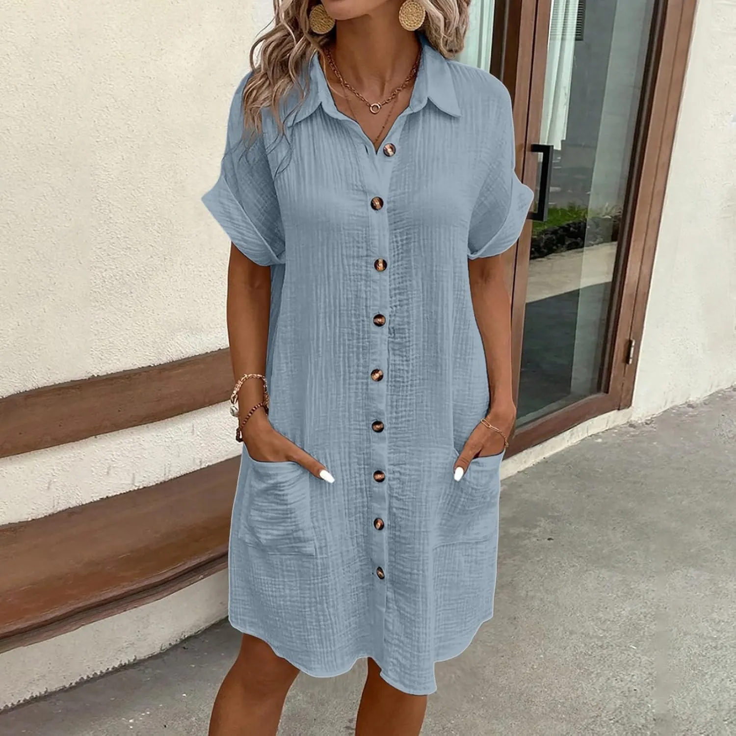 Womens Button Down Shirt Dress Summer Casual Short Sleeve Shirt Dress Beach Cover Up Loose Tunic Dresses with Pockets