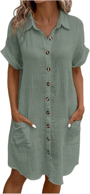 Womens Button Down Shirt Dress Summer Casual Short Sleeve Shirt Dress Beach Cover Up Loose Tunic Dresses with Pockets