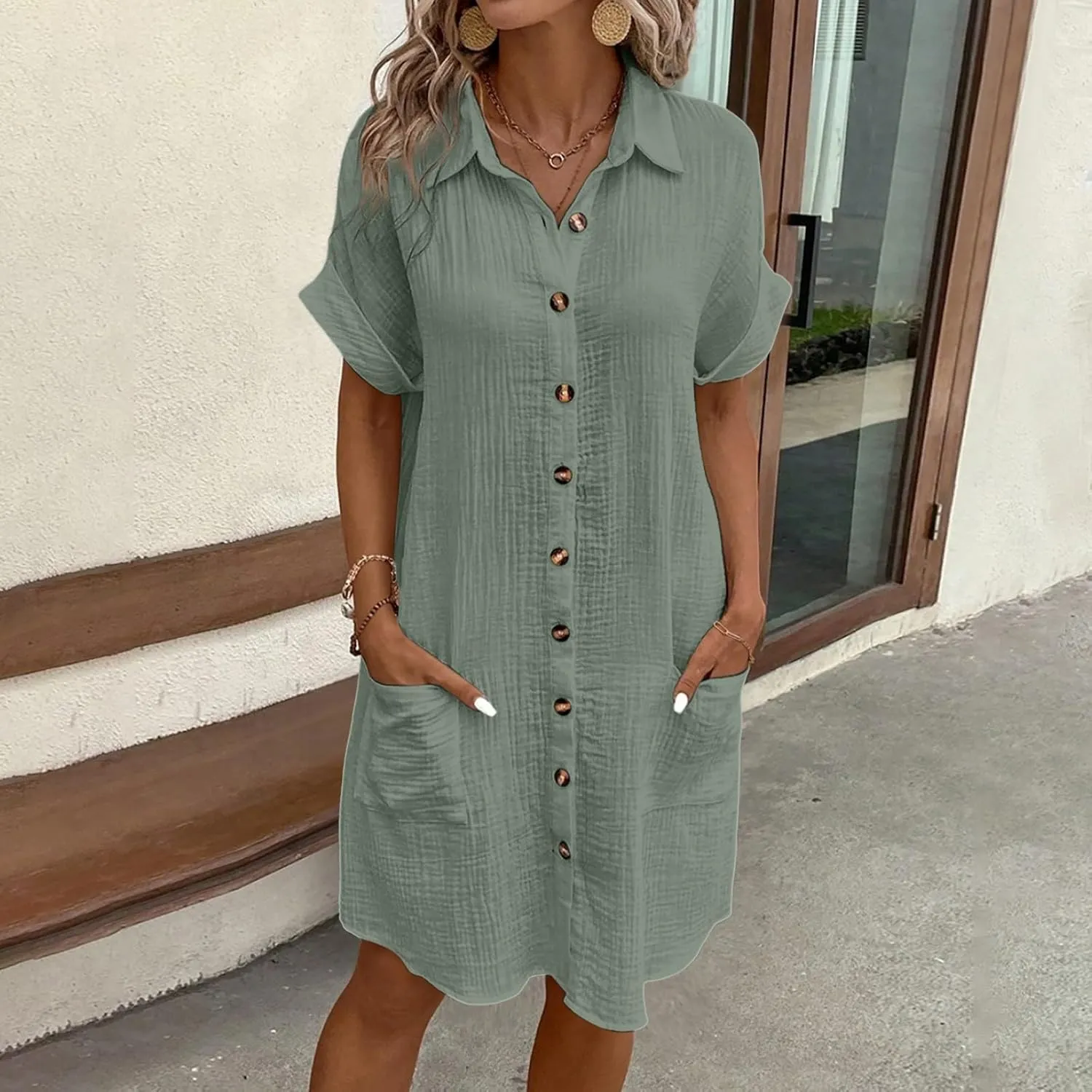 Womens Button Down Shirt Dress Summer Casual Short Sleeve Shirt Dress Beach Cover Up Loose Tunic Dresses with Pockets