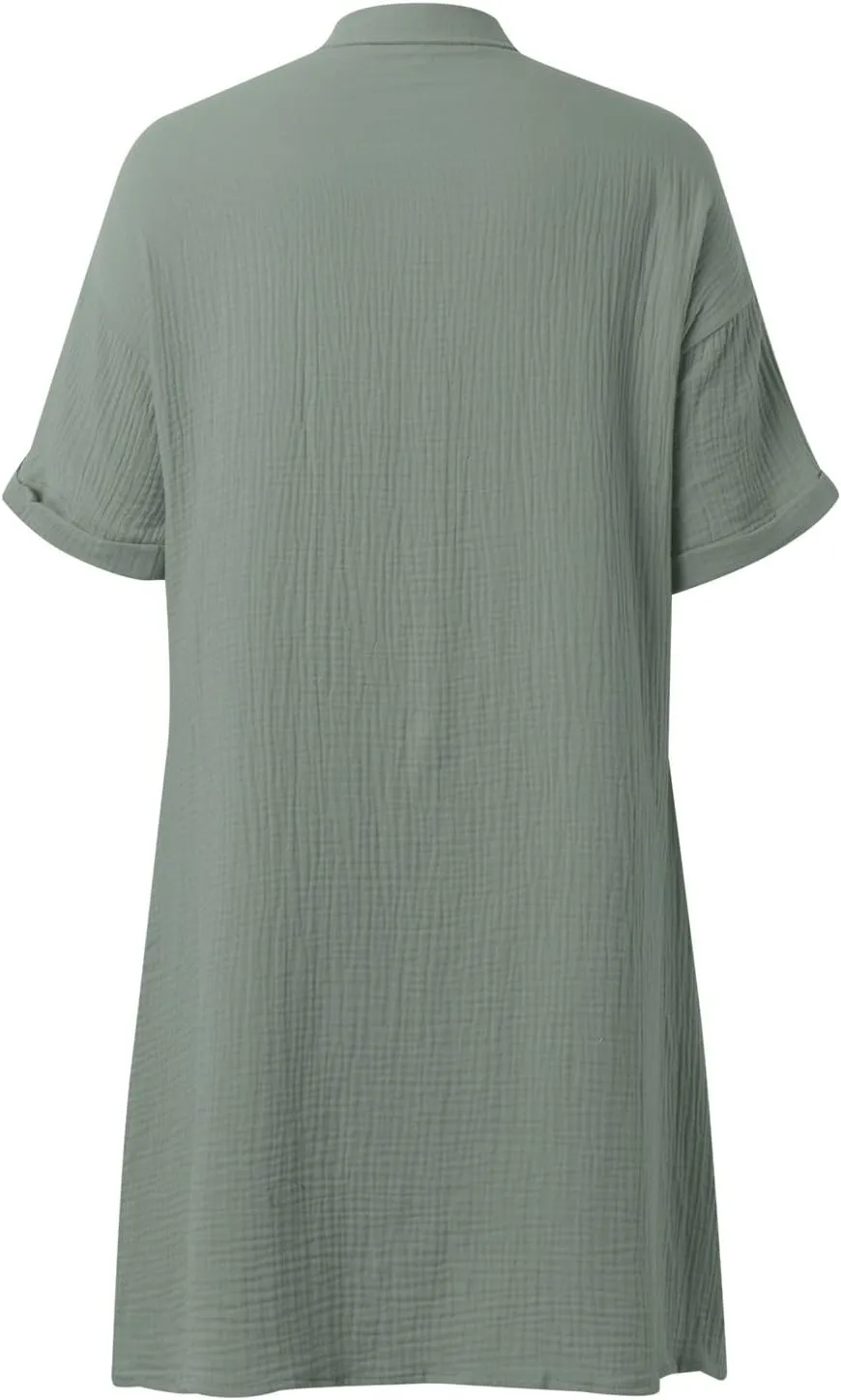 Womens Button Down Shirt Dress Summer Casual Short Sleeve Shirt Dress Beach Cover Up Loose Tunic Dresses with Pockets