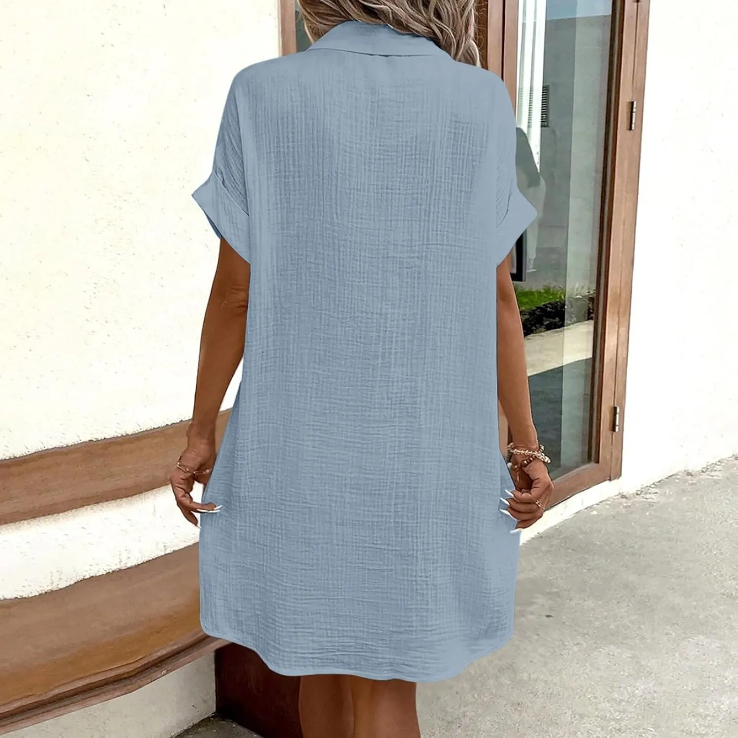 Womens Button Down Shirt Dress Summer Casual Short Sleeve Shirt Dress Beach Cover Up Loose Tunic Dresses with Pockets