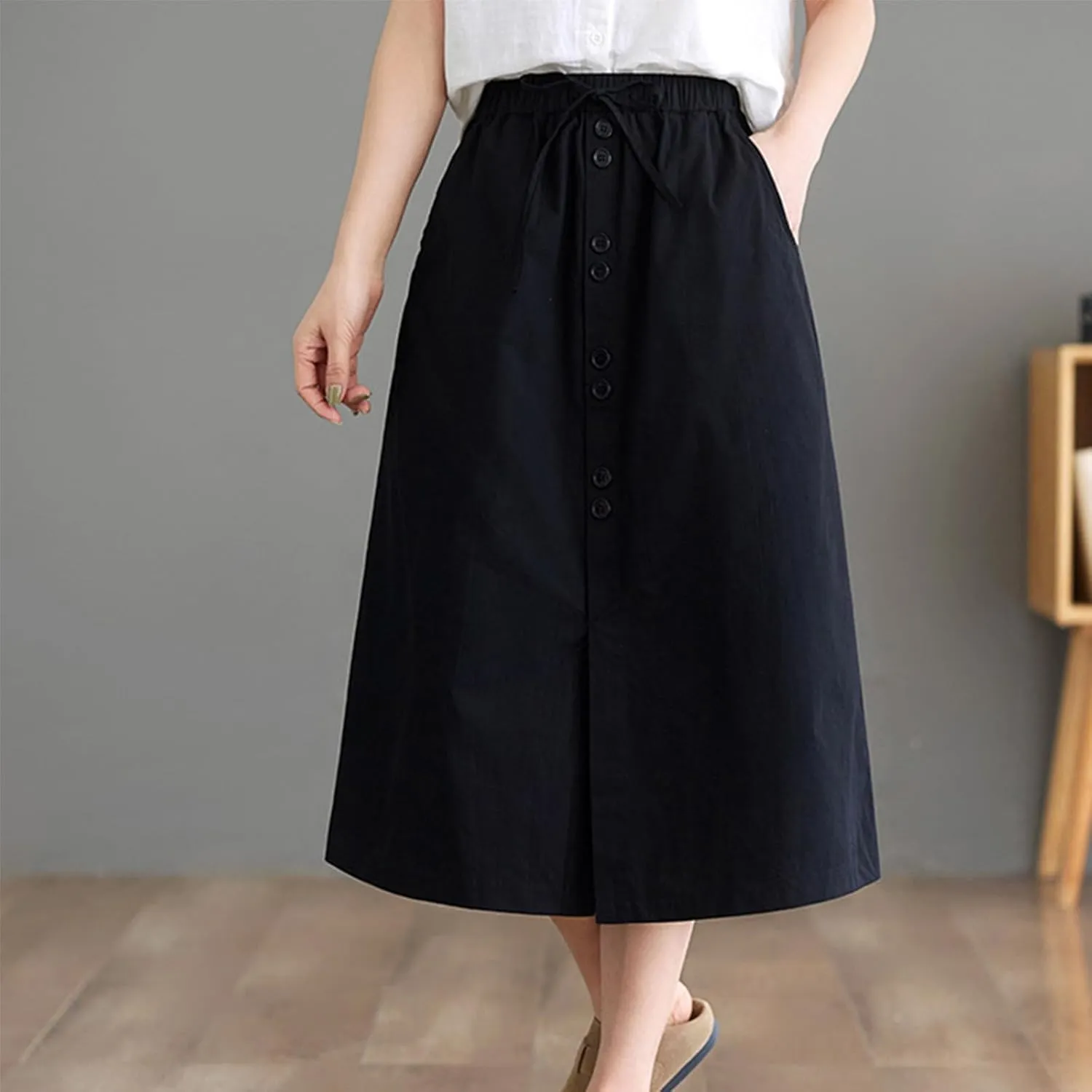 Women's Button Front Cotton Midi Skirt Summer Dressy A-Line Pencil Skirts Drawstring High Waist Office Work Skirt