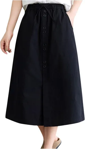 Women's Button Front Cotton Midi Skirt Summer Dressy A-Line Pencil Skirts Drawstring High Waist Office Work Skirt