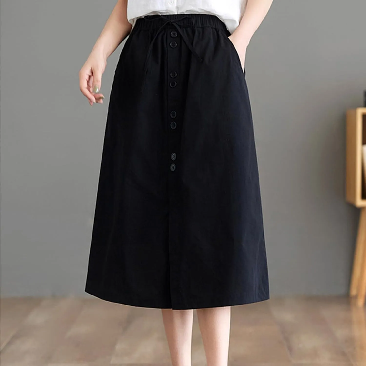 Women's Button Front Cotton Midi Skirt Summer Dressy A-Line Pencil Skirts Drawstring High Waist Office Work Skirt