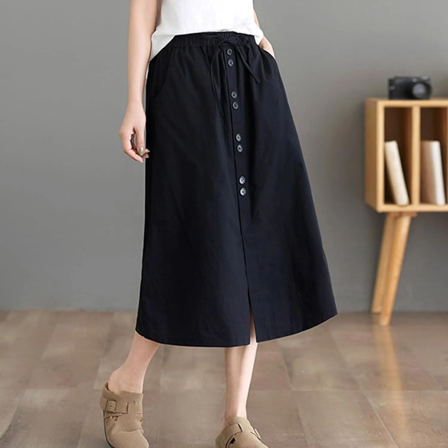 Women's Button Front Cotton Midi Skirt Summer Dressy A-Line Pencil Skirts Drawstring High Waist Office Work Skirt