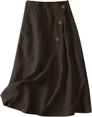 Womens Button Front Flowy Maxi Skirt A Line Cotton Linen Side Slit Summer Casual Loose Fit Pleated Long Skirts