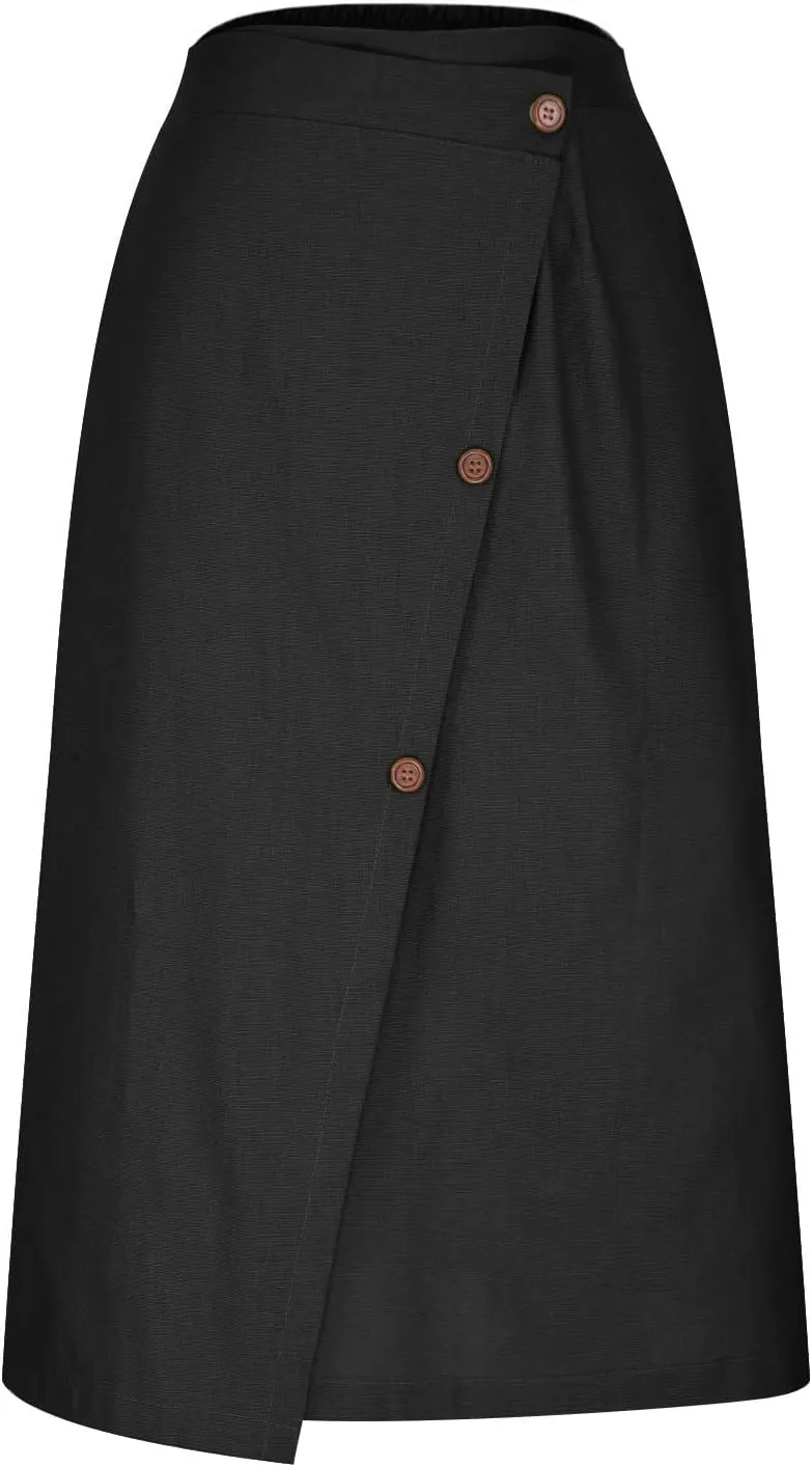 Womens Button Front Flowy Maxi Skirt A Line Cotton Linen Side Slit Summer Casual Loose Fit Pleated Long Skirts