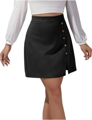 Women's Button Front Slit Mini Skirt High Waisted Bodycon Pencil Skirts Trendy Above Knee Length Wrap A Line Skirt