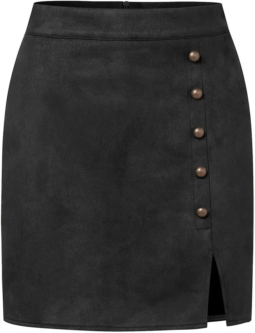 Women's Button Front Slit Mini Skirt High Waisted Bodycon Pencil Skirts Trendy Above Knee Length Wrap A Line Skirt