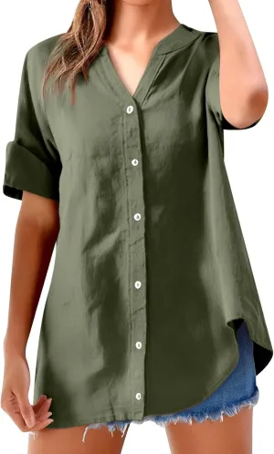 Womens Button Up Shirt Solid Short Sleeve Linen Summer Casual Basic Blouse Tops Loose Tee Shirt