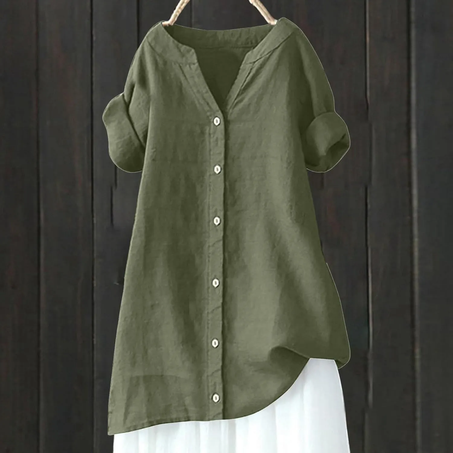 Womens Button Up Shirt Solid Short Sleeve Linen Summer Casual Basic Blouse Tops Loose Tee Shirt