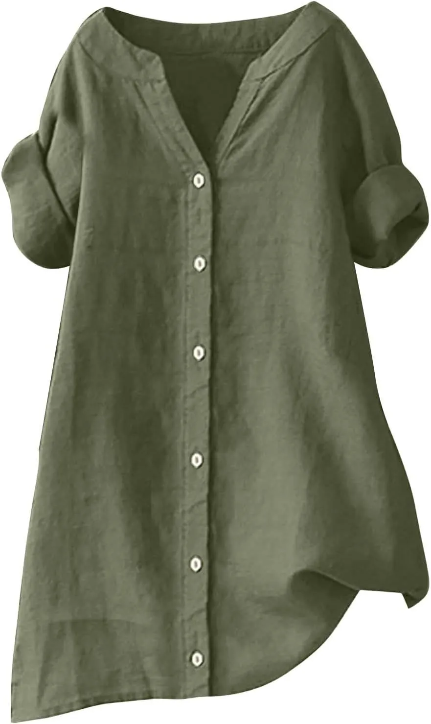 Womens Button Up Shirt Solid Short Sleeve Linen Summer Casual Basic Blouse Tops Loose Tee Shirt