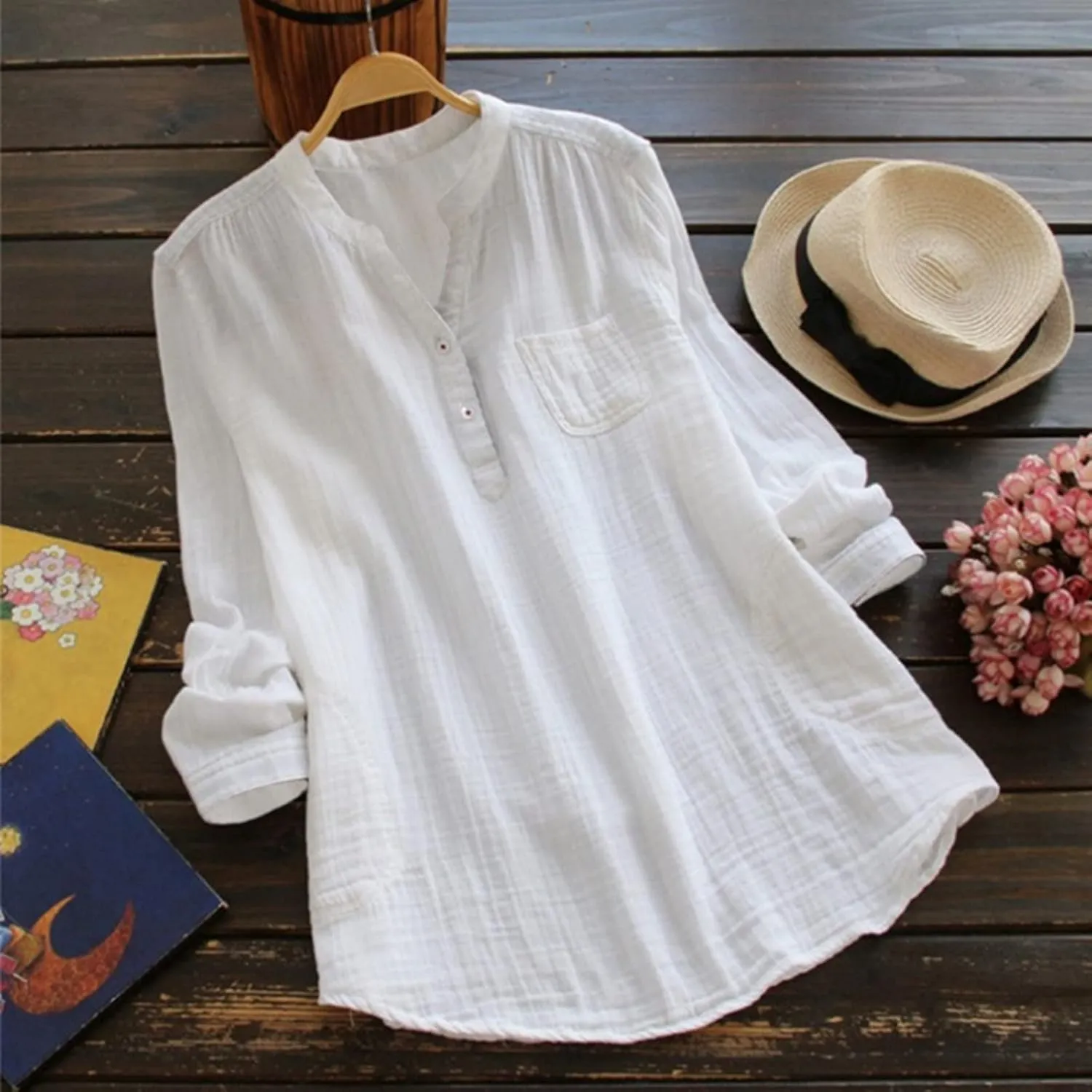 Womens Button Up Shirt Solid Short Sleeve Linen Summer Casual Basic Blouse Tops Loose Tee Shirt